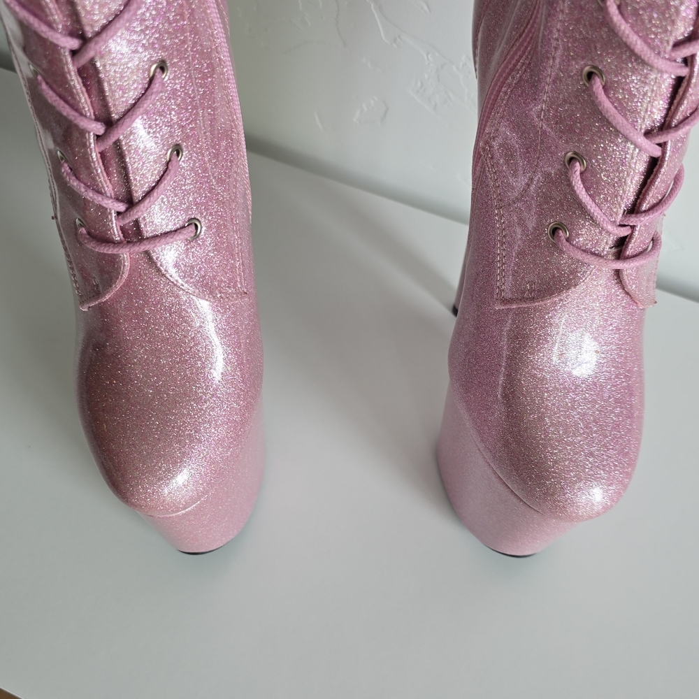 Hella Heels NWOB 8" Glitterati Sugarbaby Pink Thigh High Boots Front Lace Pole - Picture 5 of 13